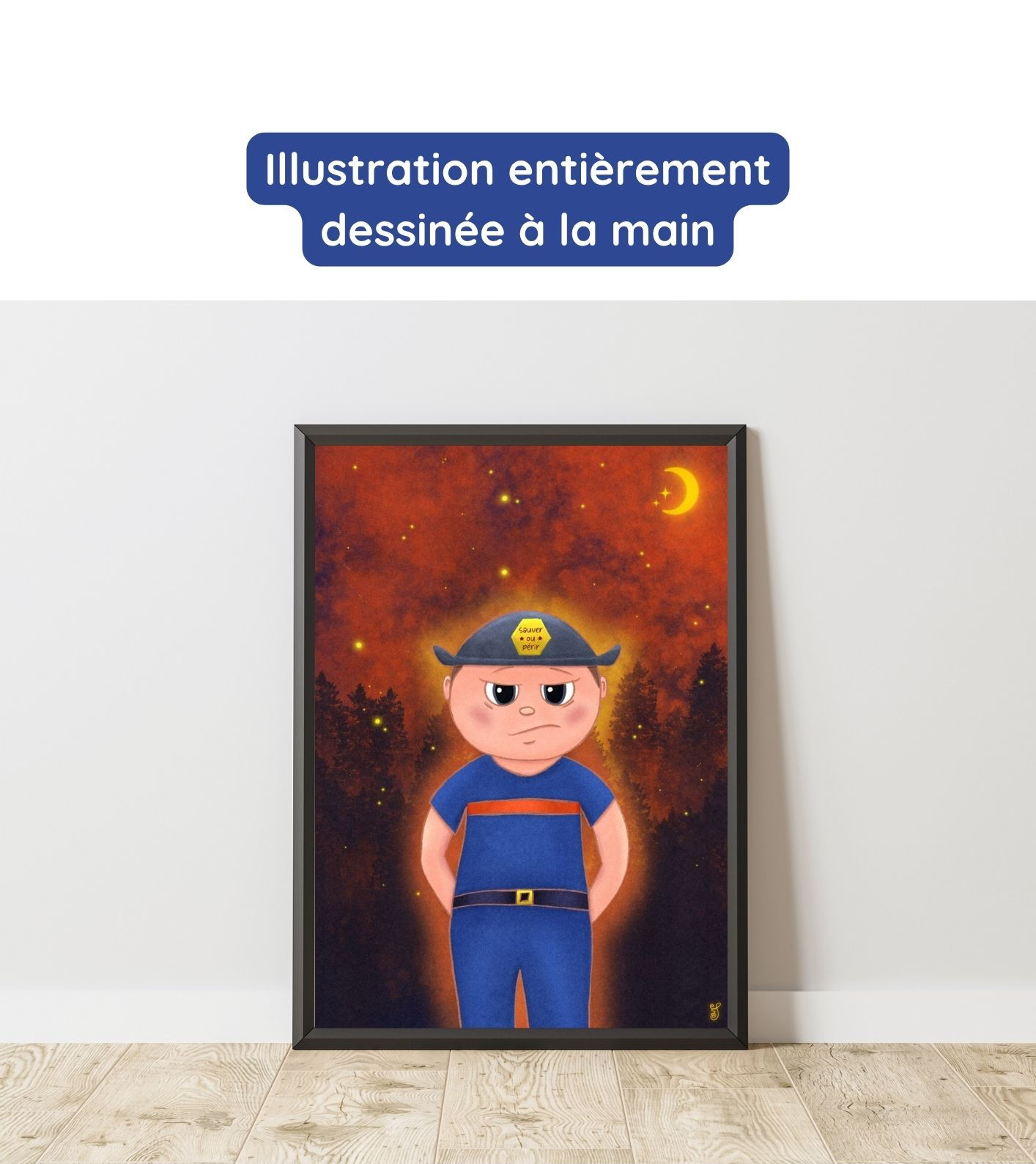 Affiche sapeur pompier personnalisable dessinée à la main, poster soldat du feu