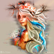 Ethereal portrait of a woman with flowing white hair blending into soft blues and warm earth tones. Delicate tree branches extend from her head like antlers, while subtle bursts of color bloom across her shoulder and chest. Her eyes are closed in quiet awareness, and the layered textures create a feeling of intuition, fragility, and deep emotional perception.