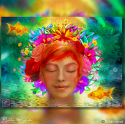 Digital artwork of a serene woman with closed eyes surrounded by a vibrant floral crown in bright greens, pinks, and yellows. Goldfish swim around her in calm turquoise water. The composition reflects themes of prosperity, ease, emotional abundance, and the Japanese concept of Yutaka. Soft, colorful lighting emphasizes peace, clarity, and inner fullness.