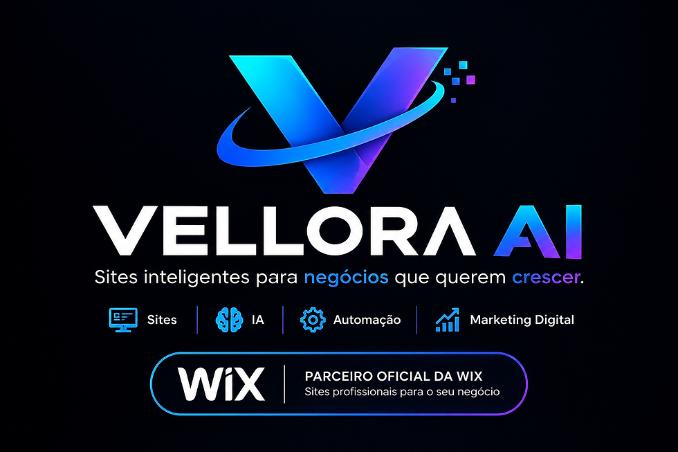Logo VELLORA AI em fundo escuro, com texto de slogan e ícones de serviços, cores em azul e roxo neon