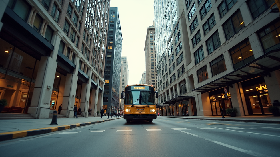 Eye-level view of a city tour bus parked near downtown Atlanta buildings