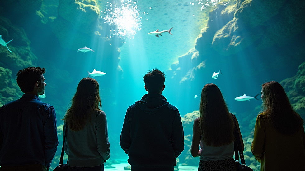 High angle view of a tour group listening to a guide in front of the Georgia Aquarium