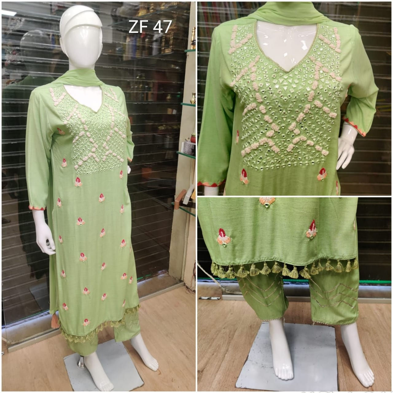 ZF 47 Kurti With Embroidery And Org Mirror Work