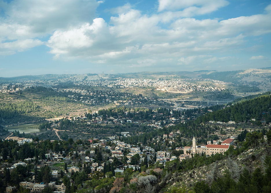 Hazy hillside view of Ein Karem, Jerusalem, birthplace of the Mother Mary