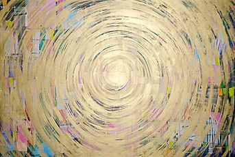 Painting titled Global Transformation (Ayin Shin Lamed). Concentric golden rings pulse between the centre of the canvas and its edges, seeming to spiral both inward and outward at once. A mosaic of colourful fragments in phthalo green, turquoise, rose pink, bright purple and aquamarine blue is glimpsed beneath the surface, a forgotten layer of past thinking. As the eye returns to the centre, the gold becomes a reminder of the peace we seek in the heart and the possibility of global transformation through the awakening of human consciousness.