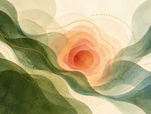 Abstract olive-green, cream, sage, and coral waves meet around a warm center, illustrating how difficult and hopeful emotions can coexist in positive psychology.