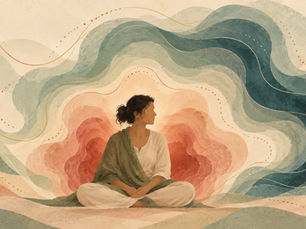 Illustration of a seated person between terracotta and slate-blue waves, symbolizing the first and second arrows of panic.
