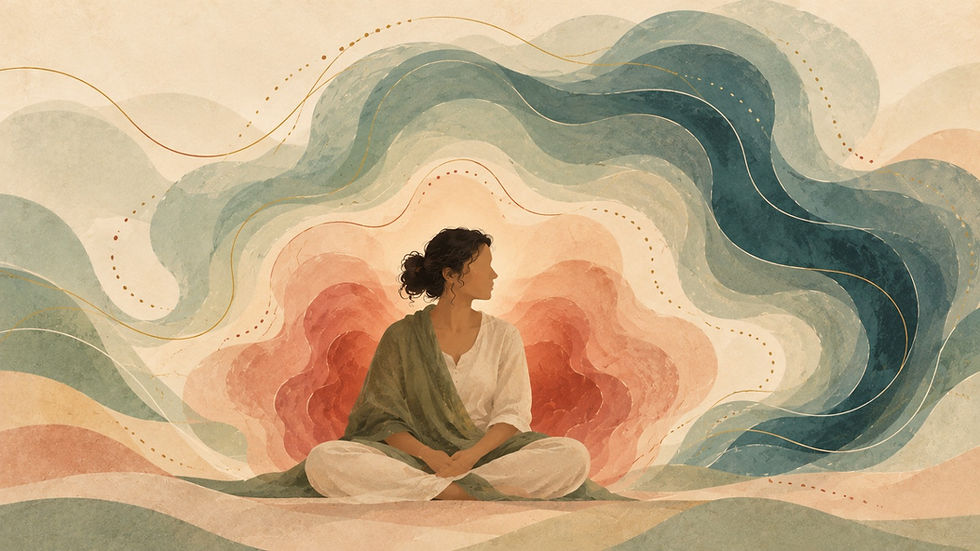 Illustration of a seated person between terracotta and slate-blue waves, symbolizing the first and second arrows of panic.