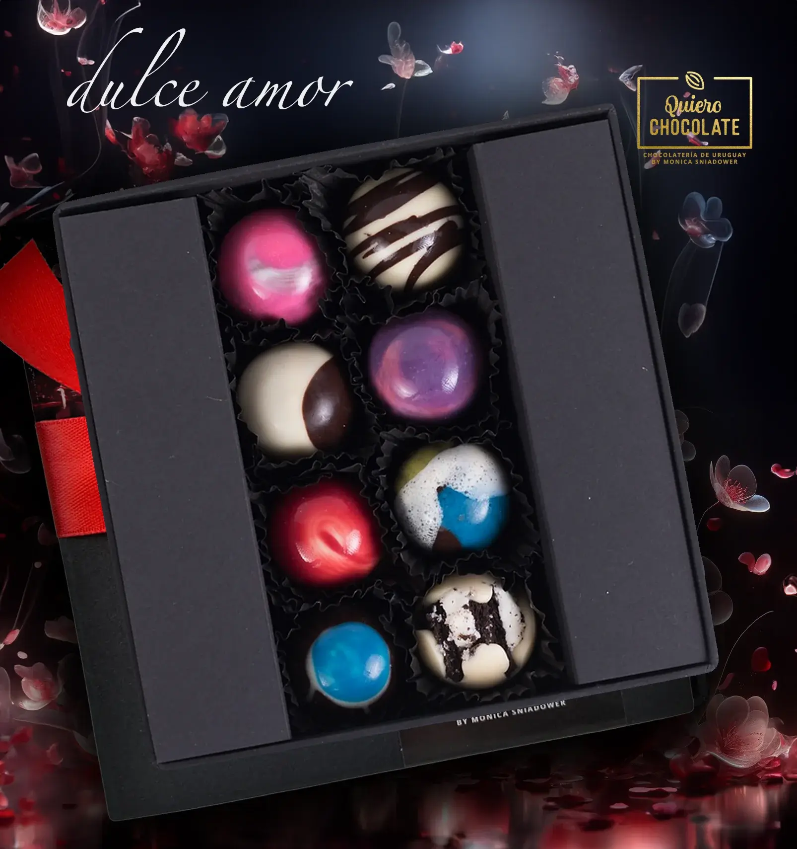 Imagen de una atractiva caja de 8 exquisitos bombones belgas para San Valentín, resaltando la autenticidad de los chocolates