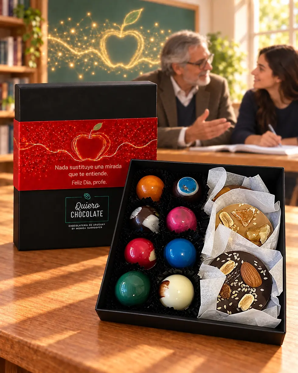 Caja Día del Maestro de Quiero Chocolate con 8 bombones artesanales y 3 mendiants de chocolate belga