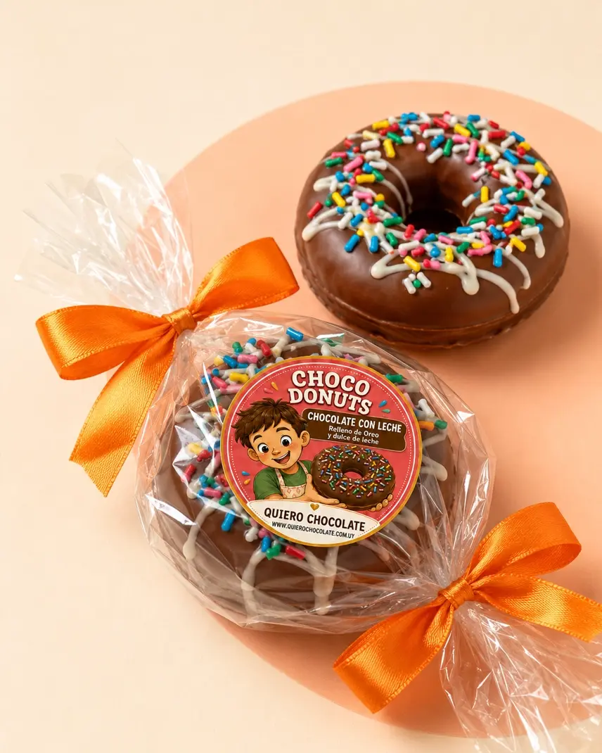 Miniatura: Choco Donut de chocolate con leche entero y envuelto en celofán con lazo naranja.