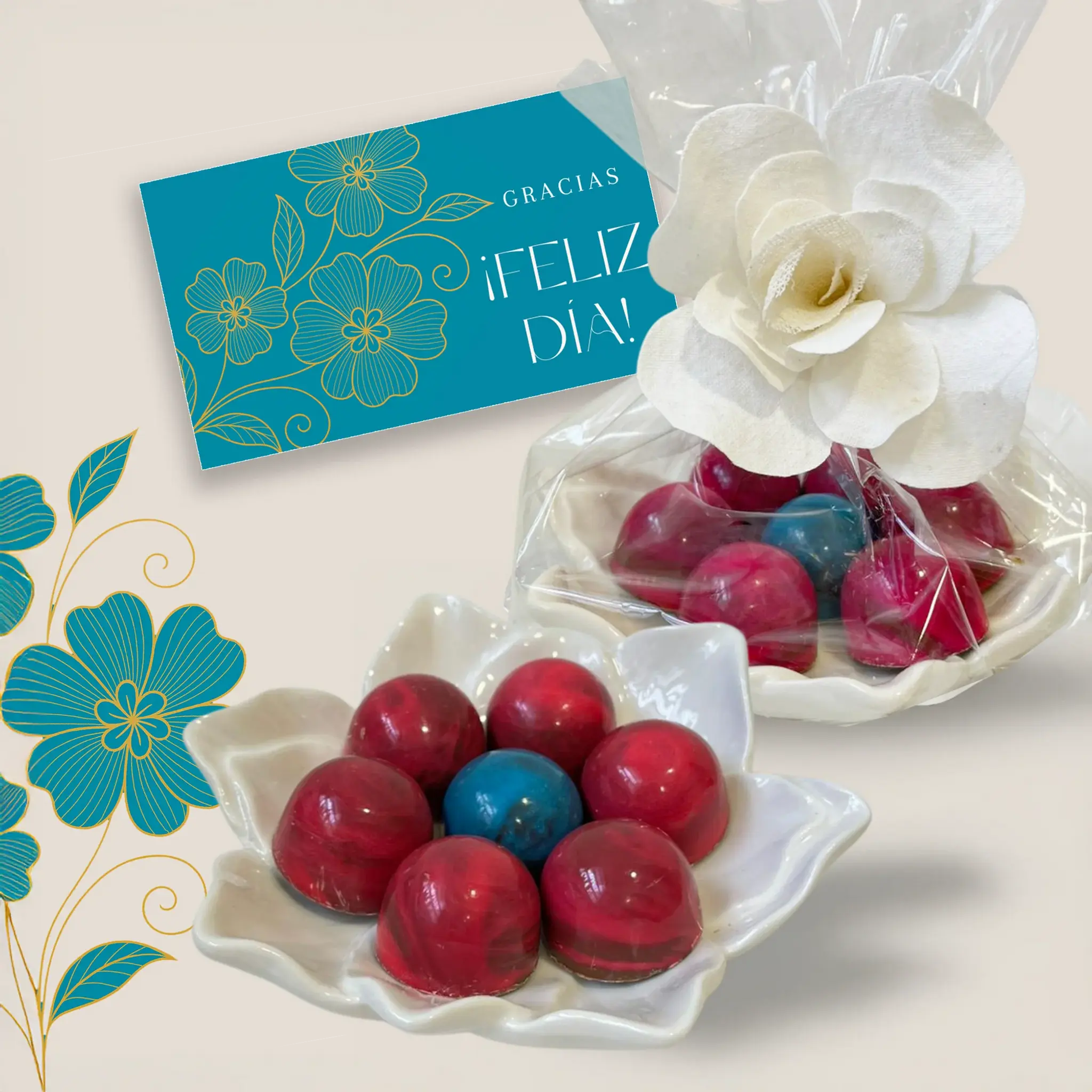 Plato Flor con 7 Bombones Artesanales – Edición Día de la Secretaria