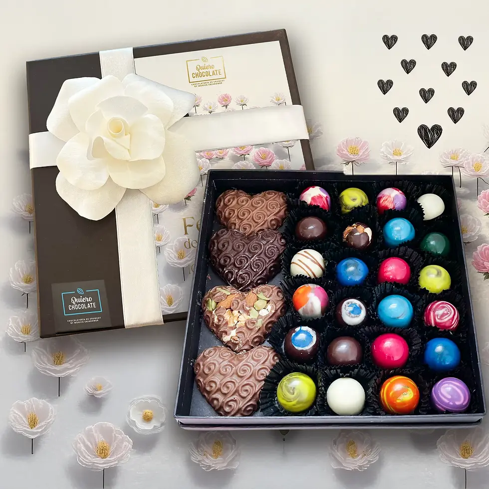 Caja de regalo especial Día de la Madre de Quiero Chocolate Uruguay, con bombones y bolsa de regalo a juego, decorada con flo