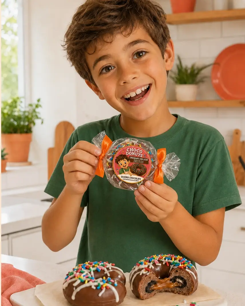 Miniatura: Niño sonriente comiendo un Choco Donut de chocolate con leche de Quiero Chocolate.