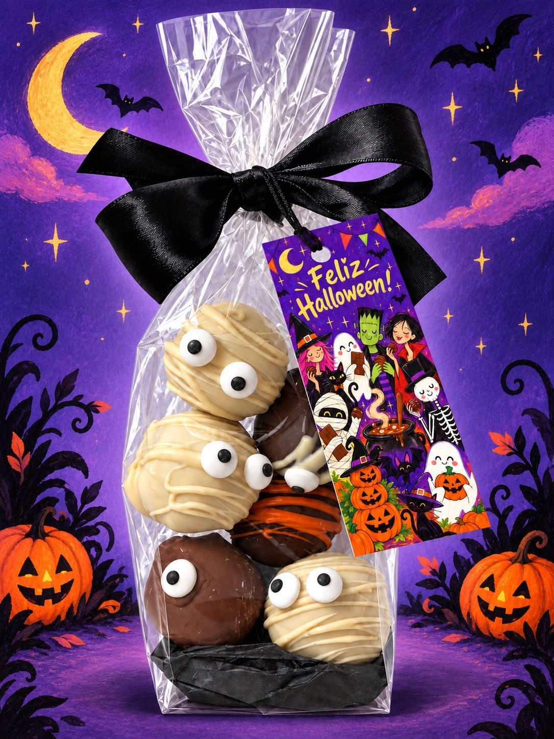Pack de 6 trufas de chocolate decoradas como momias para Halloween, en bolsa con moño negro y tarjeta Feliz Halloween