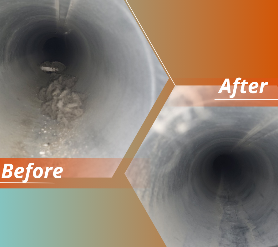 Before-and-after view of a residential air duct following professional duct cleaning by Apex Mechanical