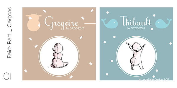 Faire part naissance garçon orange bleu gregoire girafe thibault baleine lucie zalay design