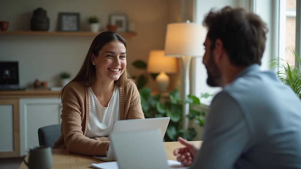 Vue latérale d’une personne souriante discutant avec un conseiller à domicile