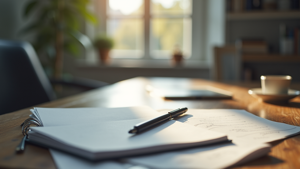 Vue en plongée d'un bureau avec un agenda ouvert et un stylo posé dessus