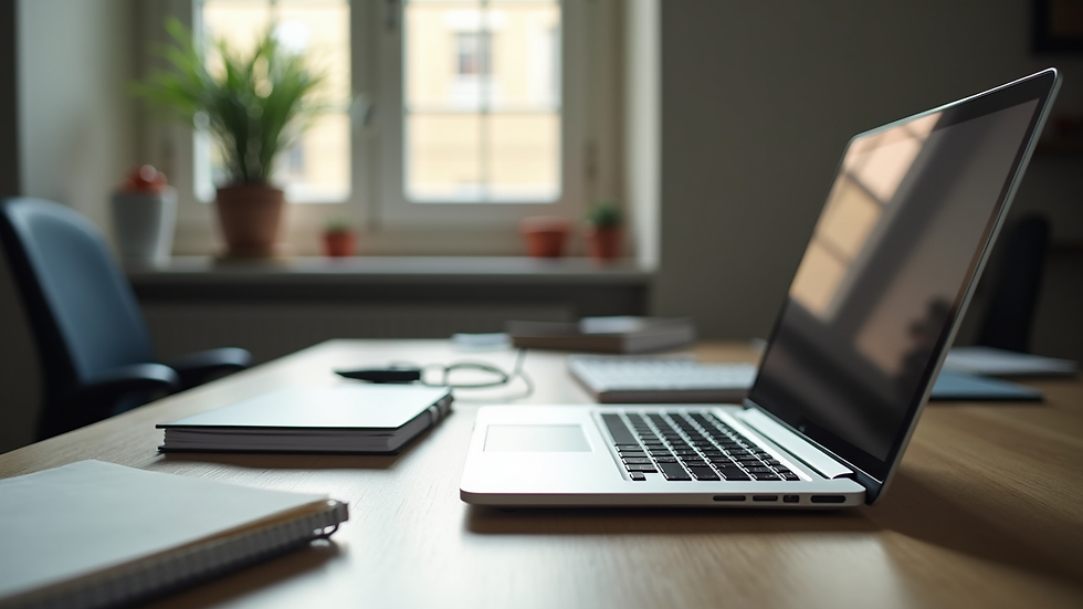 Vue en plongée d’un bureau organisé avec des dossiers et un ordinateur portable