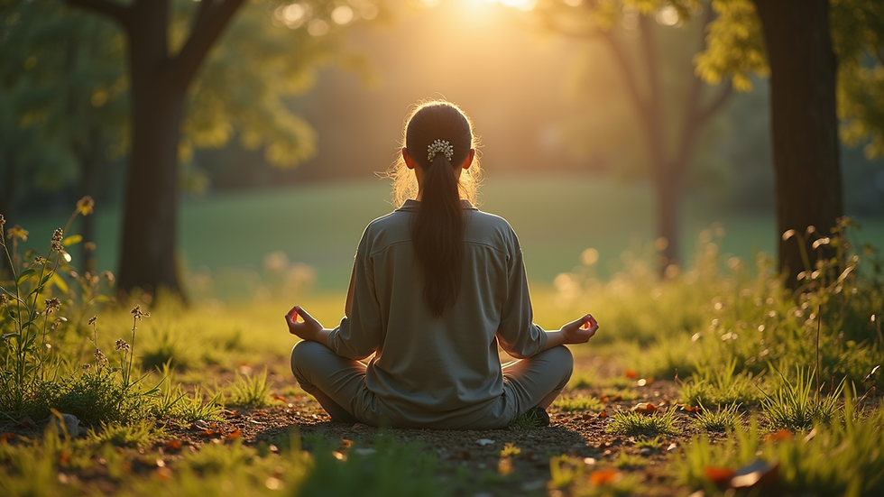 High angle view of a person meditating outdoors surrounded by nature