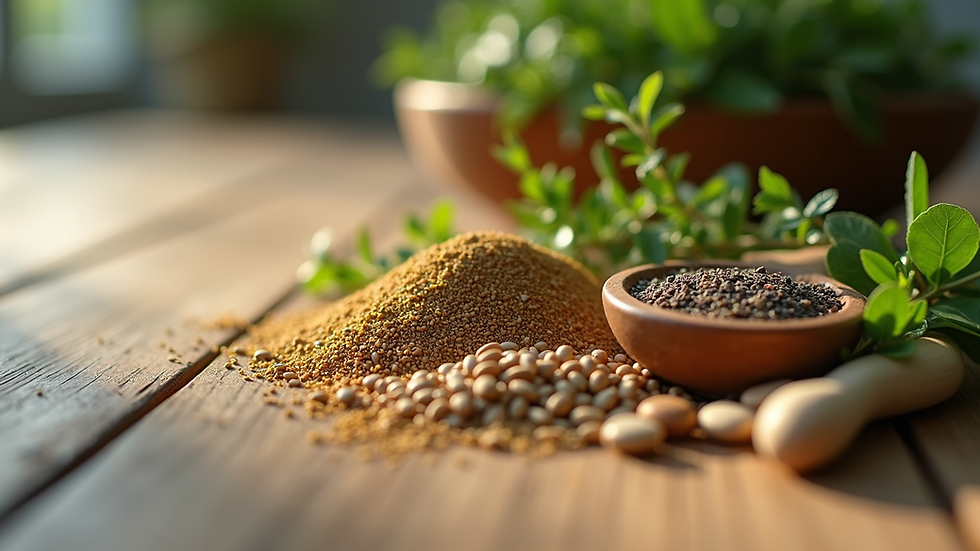 Eye-level view of a calm natural setting with herbs and granules on a wooden table