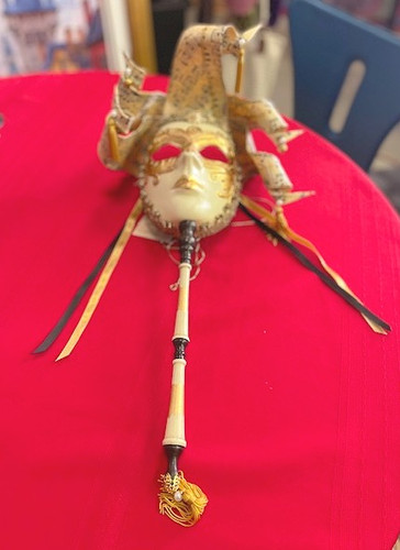 Gold Mardi-Gras Mask with Handle | Past Present Future