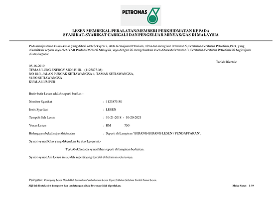Certification Tema Ulung Energy Sdn Bhd Kuala Lumpur
