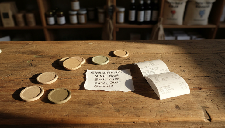 Top-down view of a small paper checklist, a receipt, and neutral loyalty tokens on a shop counter.