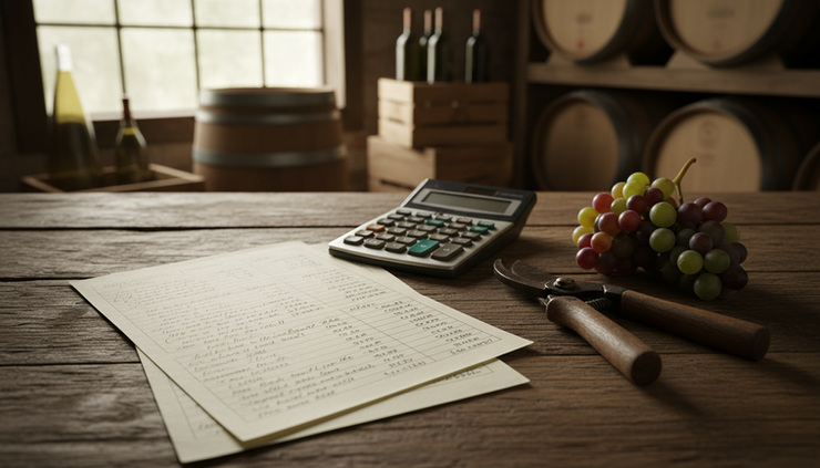 Eye-level view of handwritten accounting notes beside grape harvest tools.