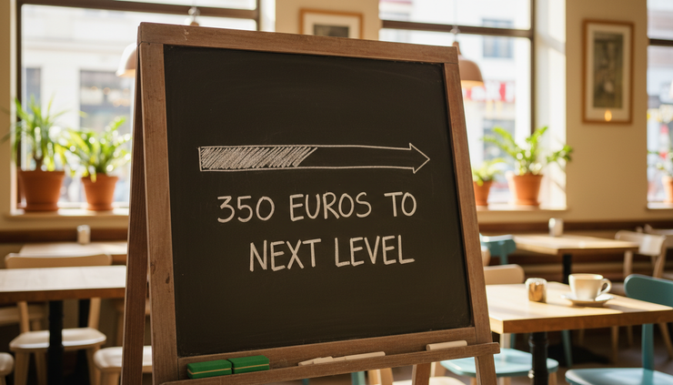 Eye-level view of a handwritten progress bar on a chalkboard in a neighborhood café.