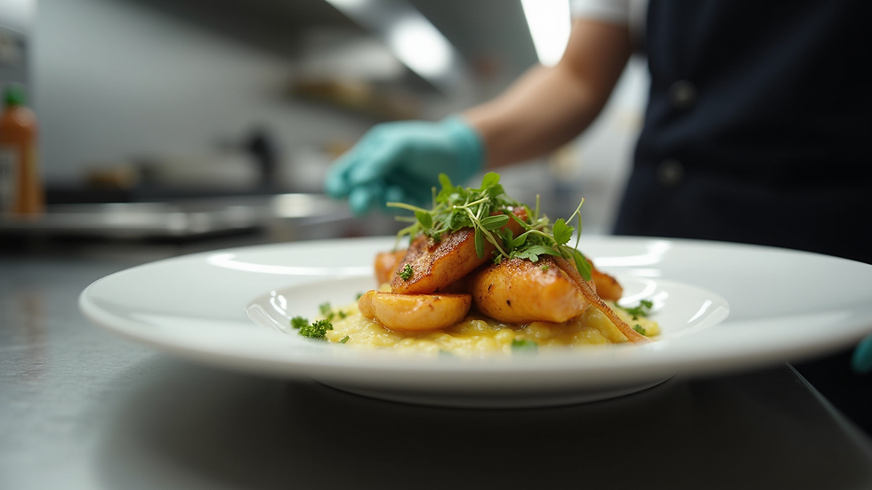 Close-up view of a gourmet dish being plated in a modern kitchen