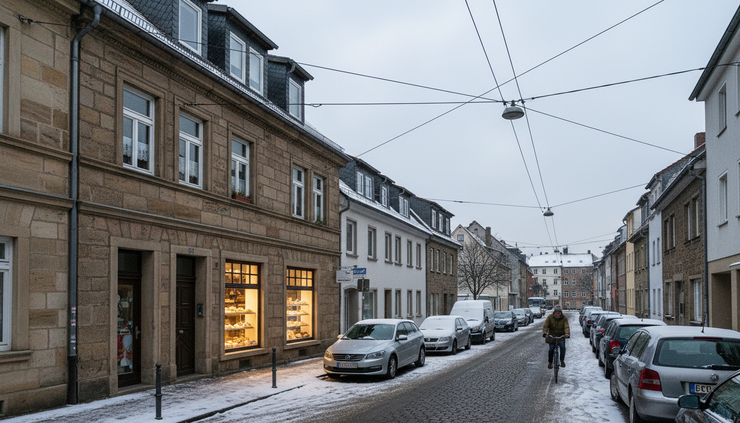 Augenhöhe auf einen verschneiten Straßenzug mit Bäckerei, Wohnungen und Stromleitungen