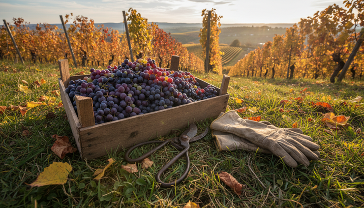 High-angle view of a wooden crate with freshly harvested grapes beside old vineyard tools.