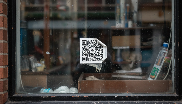 Eye-level view of a small shop window with a faded generic QR code sticker peeling at the edge.