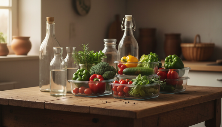 Nahaufnahme von Glasflaschen mit Wasser und vorbereiteten Mahlzeiten auf einem Holztisch.