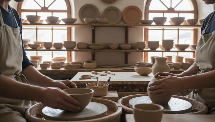 Eye-level view of a ceramic workshop with unfinished bowls on wooden shelves.