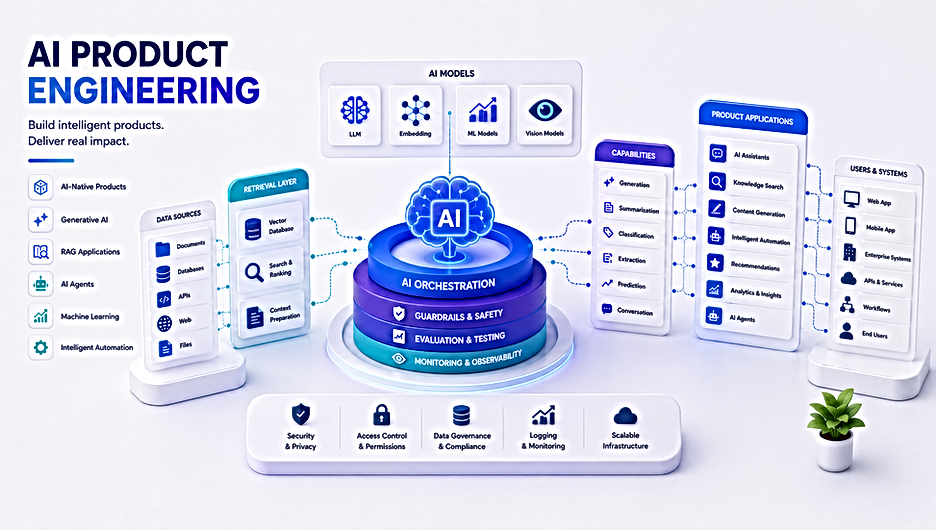 AI product engineering illustration showing AI models, product applications, RAG, agents, automation, and production systems