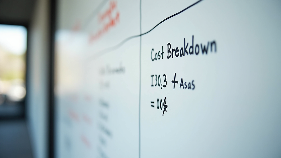 Close-up view of a whiteboard with AI project cost breakdown and notes