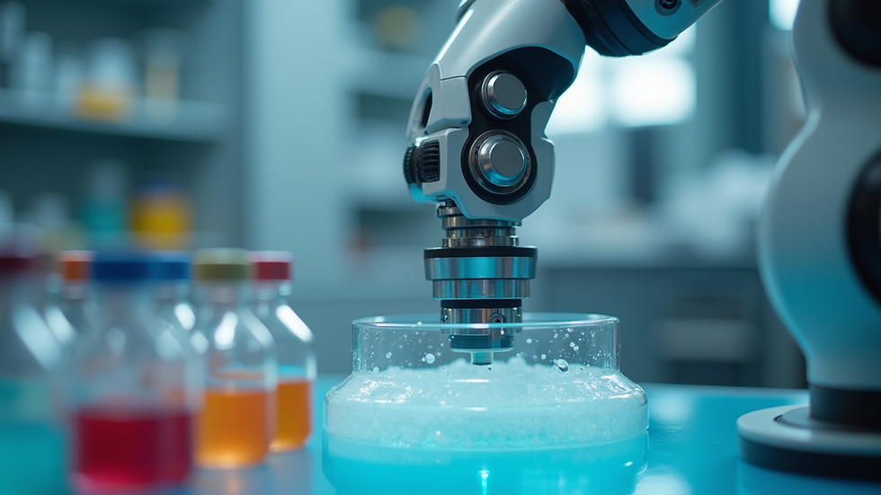 Close-up view of a robotic arm handling chemical samples in a laboratory