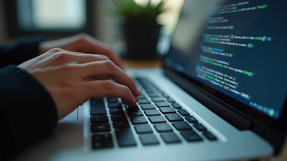 Close-up view of a person typing on a laptop keyboard with code on the screen
