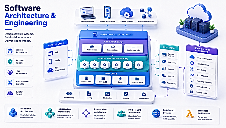 Software architecture and engineering illustration showing application layers, APIs, databases, distributed services, and cloud infrastructure
