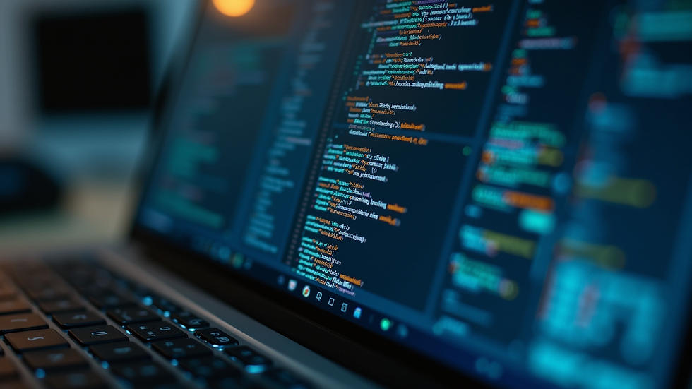 Close-up view of a laptop screen showing software code and development tools