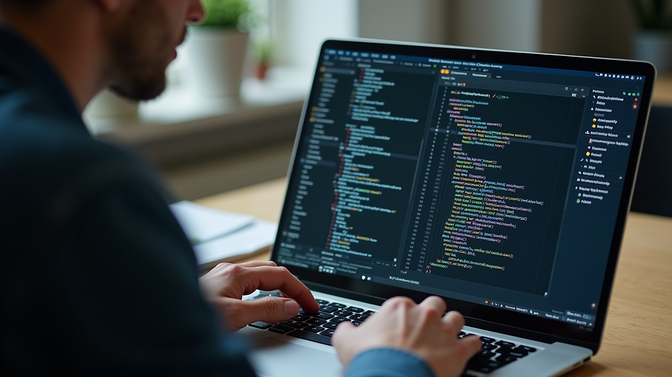 Eye-level view of a laptop screen showing code editor with a mentor guiding a student