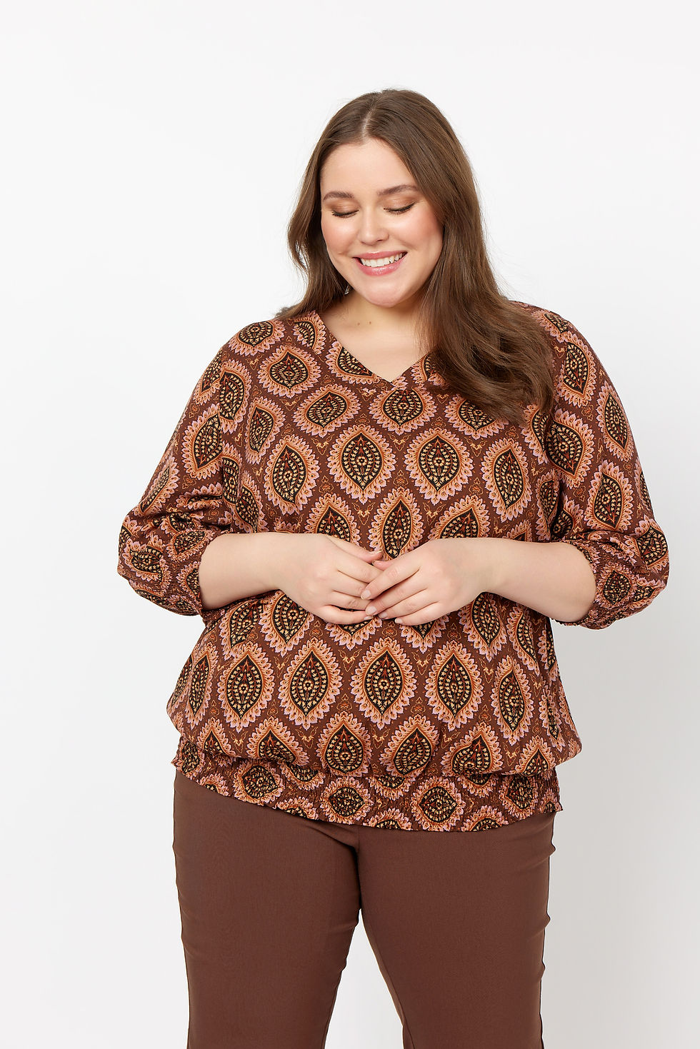 Bruine blouse met kleurrijke print Wasabiconcept
