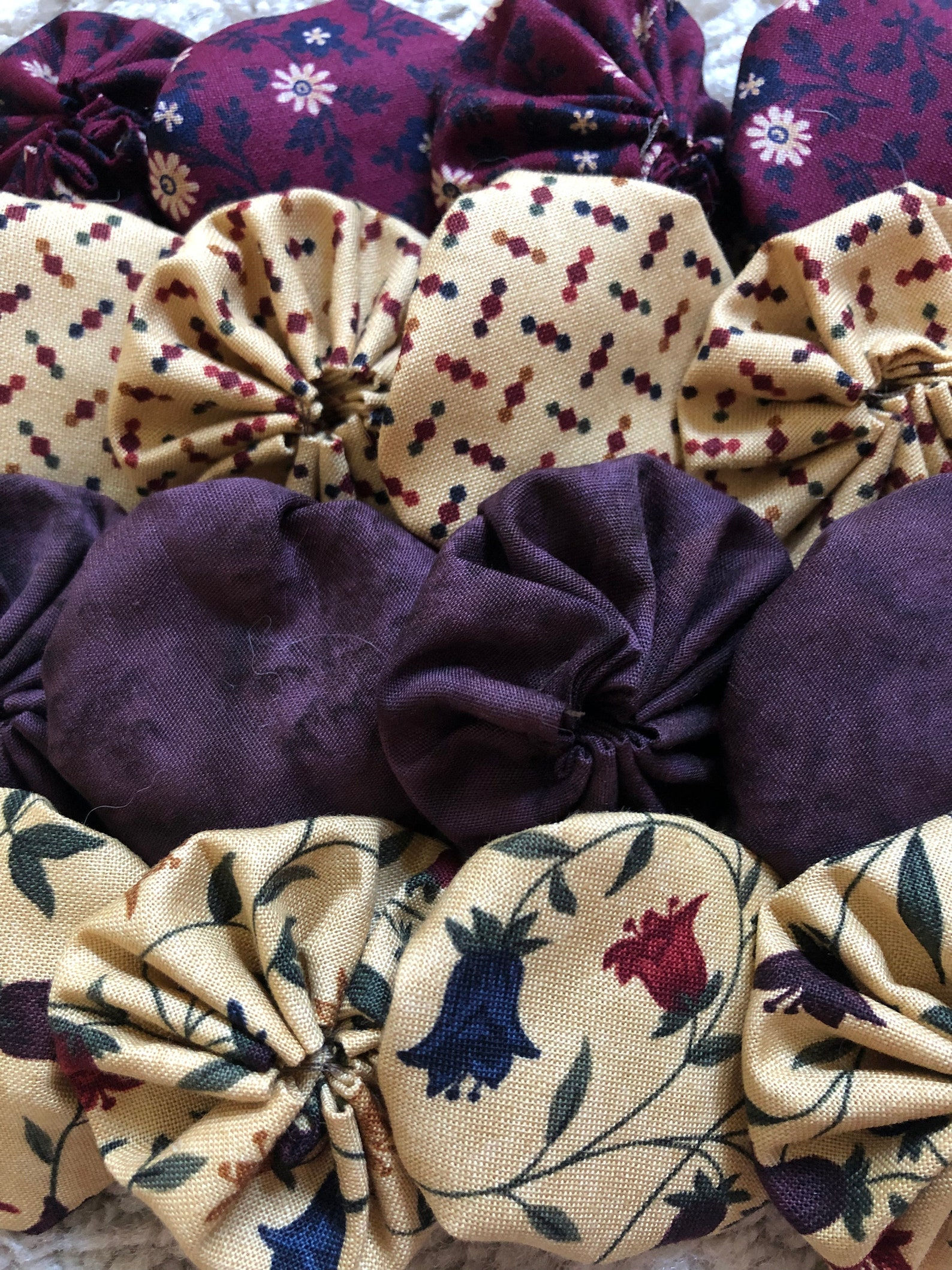 16 Purple, Cranberry & Beige Fabric Yo-Yos, 2 Inches