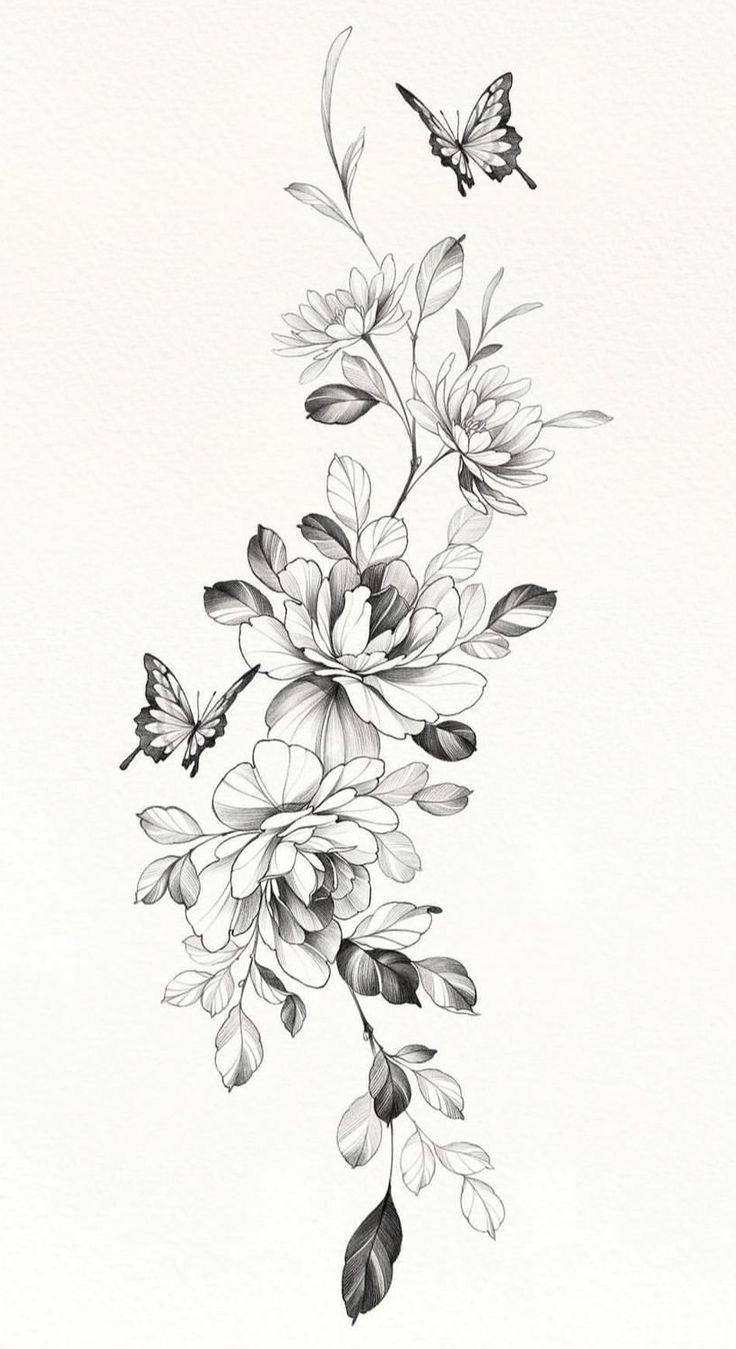Floral tattoo design with butterfly in realistic style