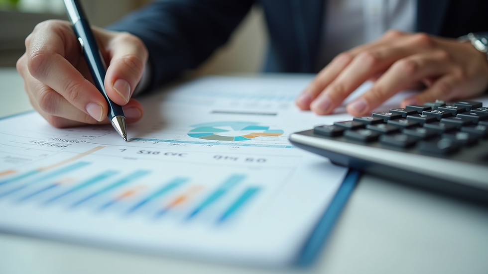 Close-up view of a financial planner's desk with paperwork and a calculator