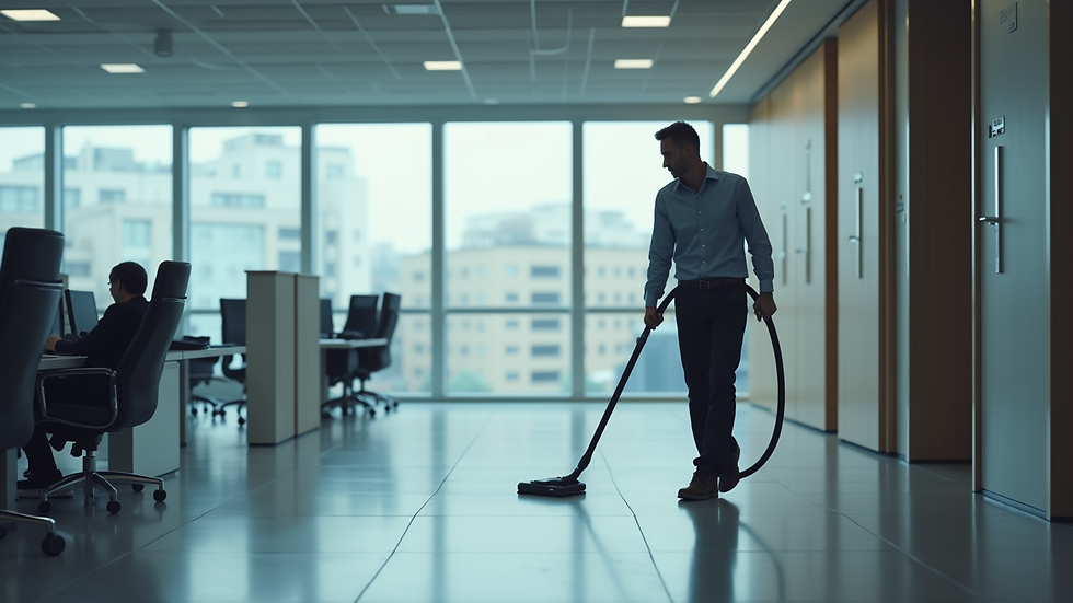 Vue en plongée d’un professionnel utilisant un nettoyeur vapeur dans un bureau moderne