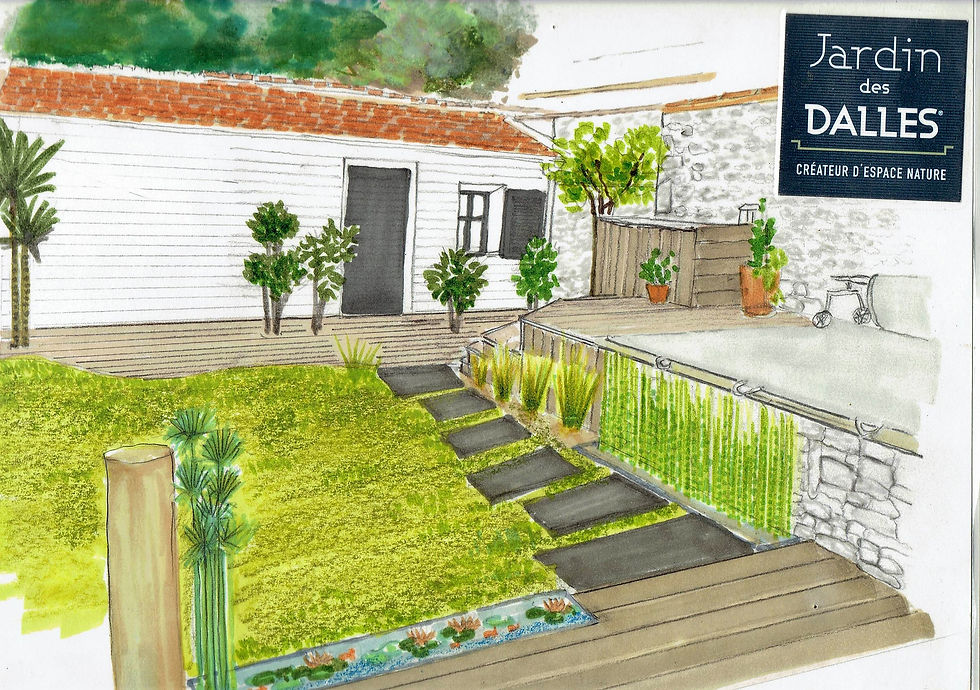 Jardin minimaliste avec plantes ligneuses et graminées, sur fond de maisons modernes rose et blanche, ciel gris.